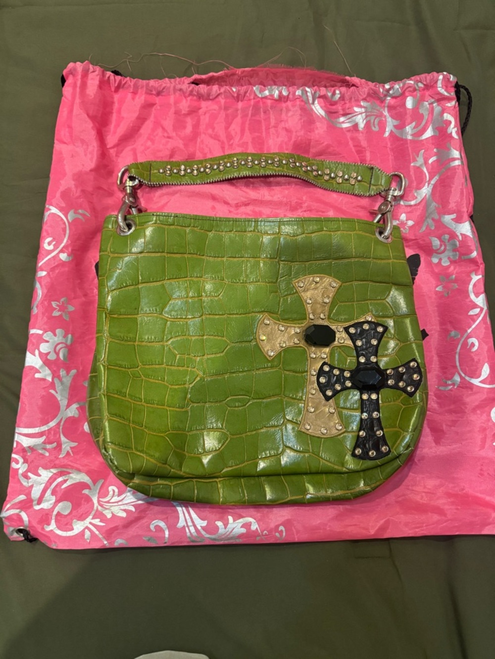 Kurtmen Green Croc-Embossed Leather Shoulder Bag with Cross Stud Accents